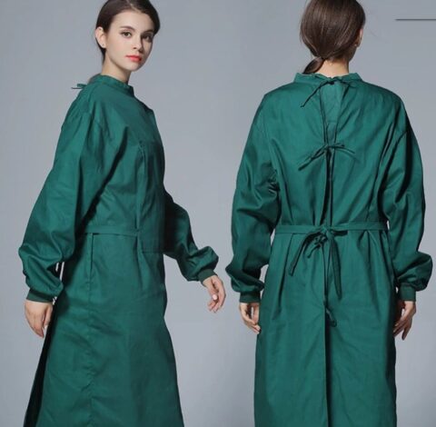 Jubah operasi medis hijau lengan panjang dengan tali belakang tampak depan dan belakang