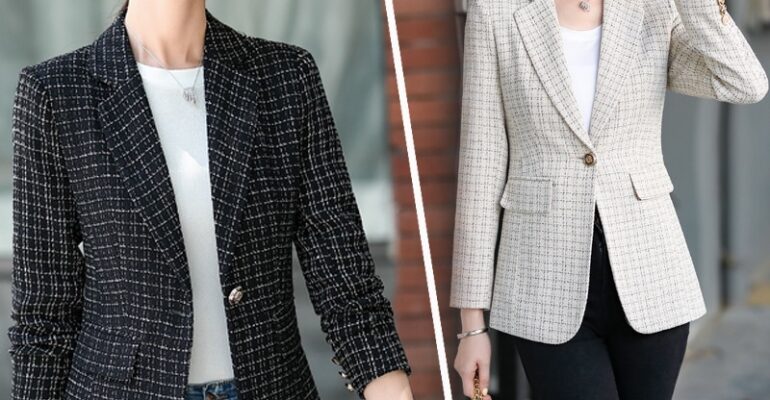 Blazer wanita formal motif elegan warna hitam dan krem untuk seragam kerja kantor
