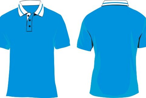 Polo shirt biru dengan kerah putih tampak depan dan belakang untuk seragam custom