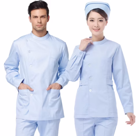 Seragam perawat pria dan wanita warna biru muda dengan desain formal dan profesional