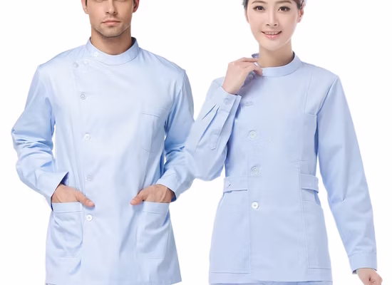 Seragam perawat pria dan wanita warna biru muda dengan desain formal dan profesional