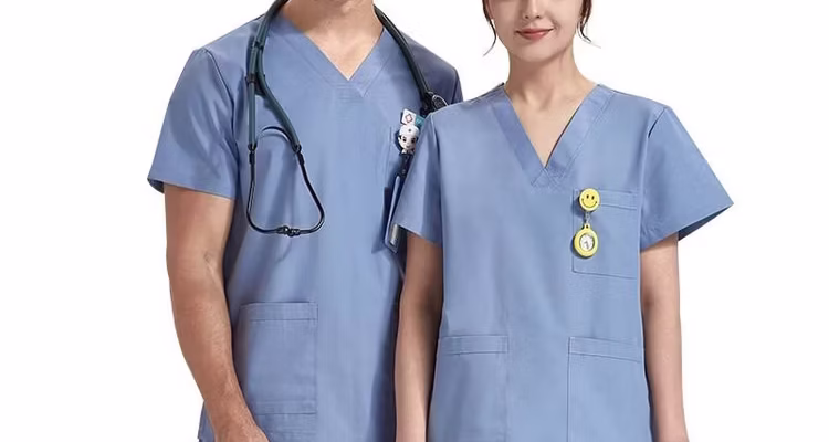 Seragam scrub medis pria dan wanita warna biru dengan desain V-neck profesional