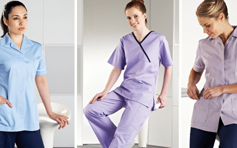 Seragam medis wanita berbagai model warna biru dan ungu untuk perawat dan tenaga kesehatan