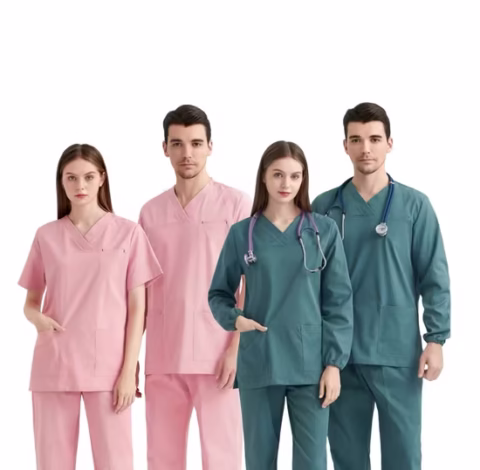 Seragam scrub medis berbagai warna pink dan hijau untuk pria dan wanita desain modern