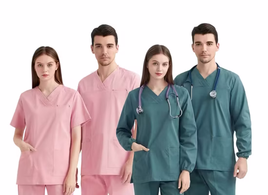 Seragam scrub medis berbagai warna pink dan hijau untuk pria dan wanita desain modern