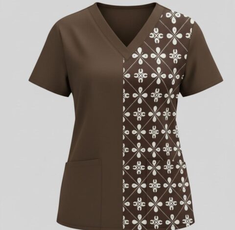 Seragam medis wanita coklat kombinasi motif batik dengan desain V-neck dan kantong