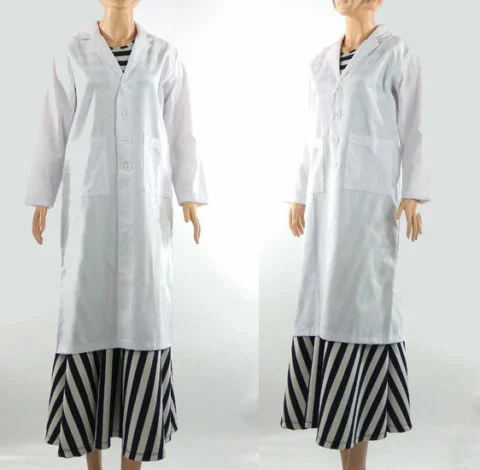 Jas dokter wanita putih panjang model elegan dengan kancing depan dan saku fungsional