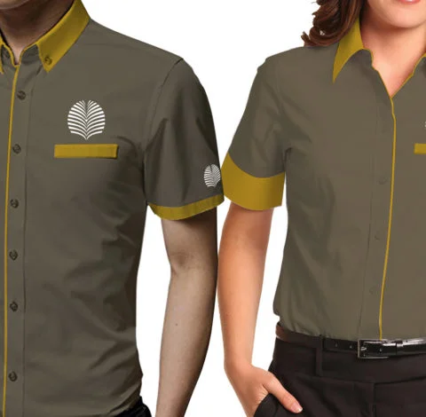 Seragam kemeja kerja pria dan wanita warna coklat kombinasi kuning dengan logo bordir elegan